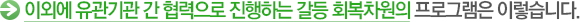 이외에 유관기관 간 협력으로 진행하는 갈등 회복차원의 프로그램은 이렇습니다.
