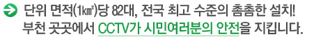 단위 면적(1㎢)당 82대, 전국 최고 수준의 촘촘한 설치! 부천 곳곳에서 CCTV가 시민여러분의 안전을 지킵니다.