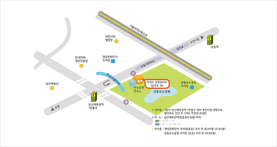 지하철 : 7호선 삼산체육관역 1번출구 에서 부천시청 방향으로 횡단보도 건넌 후 170m 직진 (도보2분). 버스 : 삼산체육관역(상동호수공원) 하차, -일반 : 53, 59-1, 79. -간선 : 24, 37, 87, 558, 566. 자가용 : 영상문화단지 주차장(유료) 주차 후 육교이용 (도보5분), 상동호수공원 주차장 (유료) 주차 후 (도보5분).