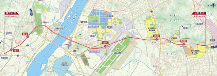 소사~대곡선 기본설계 노선도(DS01 : 김포공항, DS02 : 원종역, DS03 : 부천종합운동장역)