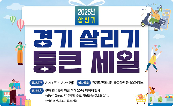 2025년 상반기 경기 살리기 통큰세일 행사기간 6.21.(토) ~ 6.29.(일) 행사장소 경기도 전통시장, 골목상권 등 400여개소 행사내용 구매 영수증에 따른 최대 20% 페이백 행사 (온누리상품권, 지역화폐, 경품, 사은품 등 상권별 상이) * 예산 소진 시 조기 종료 가능