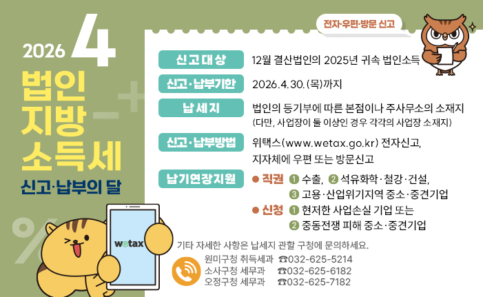 2026 4
법인지방소득세 신고·납부의 달
전자·우편·방문신고
신고대상: 12월 결산법인의 2025년 귀속 법인소득
신고·납부기한: 2026.4.30.(목)까지
납세지: 법인의 등기부에 따른 본점이나 주사무소의 소재지
(다만, 사업장이 둘 이상인 경우 각각의 사업장 소재지)
신고·납부방법: 위택스(www.wetax.go.kr) 전자신고, 지자체에 우편 또는 방문신고
납기연장지원: 
직권:①수출, ②석유화학·철강·건설, ③고용·산업위기지역 중소·중견기업
신청:①현저한 사업손실 기업 또는 ②중동전쟁 피해 중소·중견기업

기타 자세한 사항은 납세지 관할 구청에 문의하세요.

원미구청 취득세과 ☎032-625-5214
소사구청 세무과    ☎032-625-6182
오정구청 세무과    ☎032-625-7182