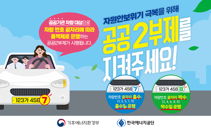 자원안보위기 극복을 위해
공공2부제를 지켜주세요!

공공기관 차량 대상으로 차량 번호 끝자리에 따라 홀짝제로 운영하는 공공2부제가 시행됩니다. 
차량번호 끝자리 홀수: (1, 3, 5, 7, 9) 홀수일 운행
차량번호 끝자리 짝수: (2, 4, 6, 8, 0) 짝수일 운행

이미지 클릭 시 기후에너지환경부 공식 블로그로 이동합니다.