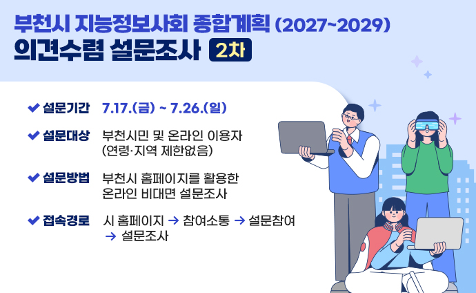 부천시 지능정보사회 종합계획(2027~2029) 의견수렴 설문조사 (2차) 설문기간: 7.17.(금) ~ 7.26.(일) 설문대상 : 부천시민 및 온라인 이용자(연령·지역 제한없음) 설문방법 : 부천시 홈페이지를 활용한 온라인 비대면 설문조사 접속경로 : 시 홈페이지→참여소통→설문참여→설문조사