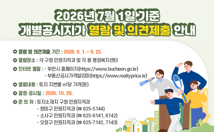 열람 및 의견제출 기간: 2026. 9. 1. ~ 9. 22. 열람장소: 각 구청 민원지적과 및 각 동 행정복지센터 인터넷 열람 - 부천시 홈페이지(https://www.bucheon.go.kr) - 부동산공시가격알리미(https://www.realtyprice.kr) 열람내용: 토지 지번별 ㎡당 가격(원) 결정·공시일: 2026. 10. 29. 문 의 처: 토지소재지 구청 민원지적과 - 원미구 민원지적과 (☎ 625-5144) - 소사구 민원지적과 (☎ 625-6141, 6142) - 오정구 민원지적과 (☎ 625-7142, 7143)