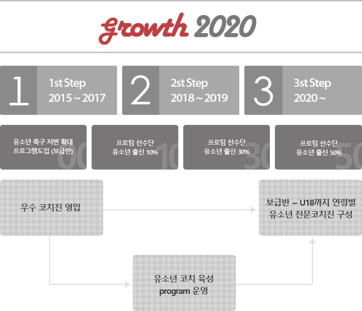 1st step 2015~2017, 1st step 2018~2019, 1st step 2020~ / 유소년 축구 저변 확대 프로그램도입(보급반), 프로팀 선수단 유소년 출신10%, 프로팀 선수단 유소년 출신 30%, 프로팀 선수단 유소년 출신 50%, 우수코치진 영입 보급반 U-18가지 연령별 유소년 전문코치진 구성, 유소년 코치 육성 program 운영