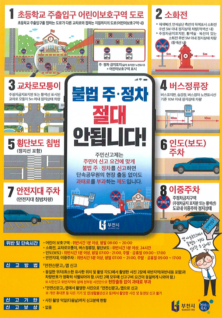 불법 주·정차 절대 안됩니다! 1.초등학교 주출입구 어린이보호구역 도로 2.소화전 3.교차로모퉁이 4.버스정류장 5.횡단보도 침범 6.인도(보도)주차 7.안전지대 주차 8.이중주차